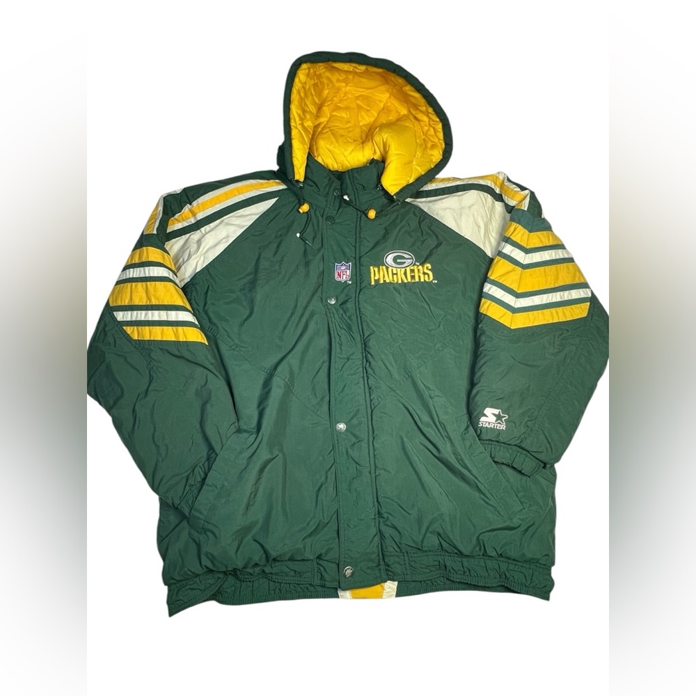 Vintage Green Bay Packers Starter NFL Football Puffer Hooded Jacket Mens XL